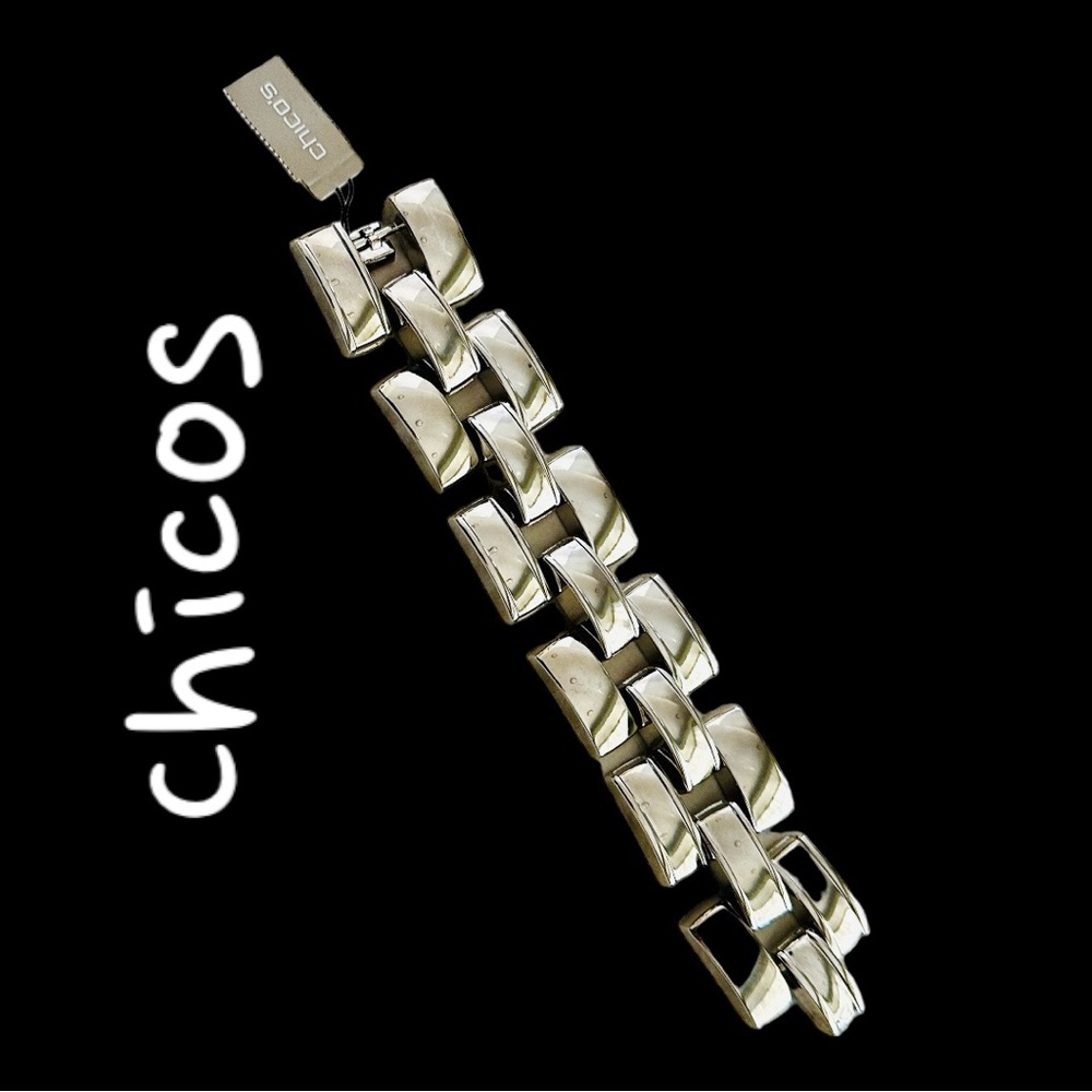 Vintage Chicos Wide Chain Square Link Silver toned Statement Bracelet NWT